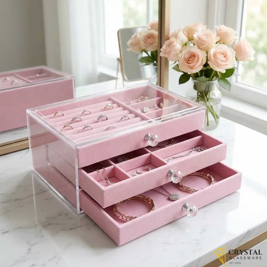 Acrylic jewelry organizer with three pink velvet drawers